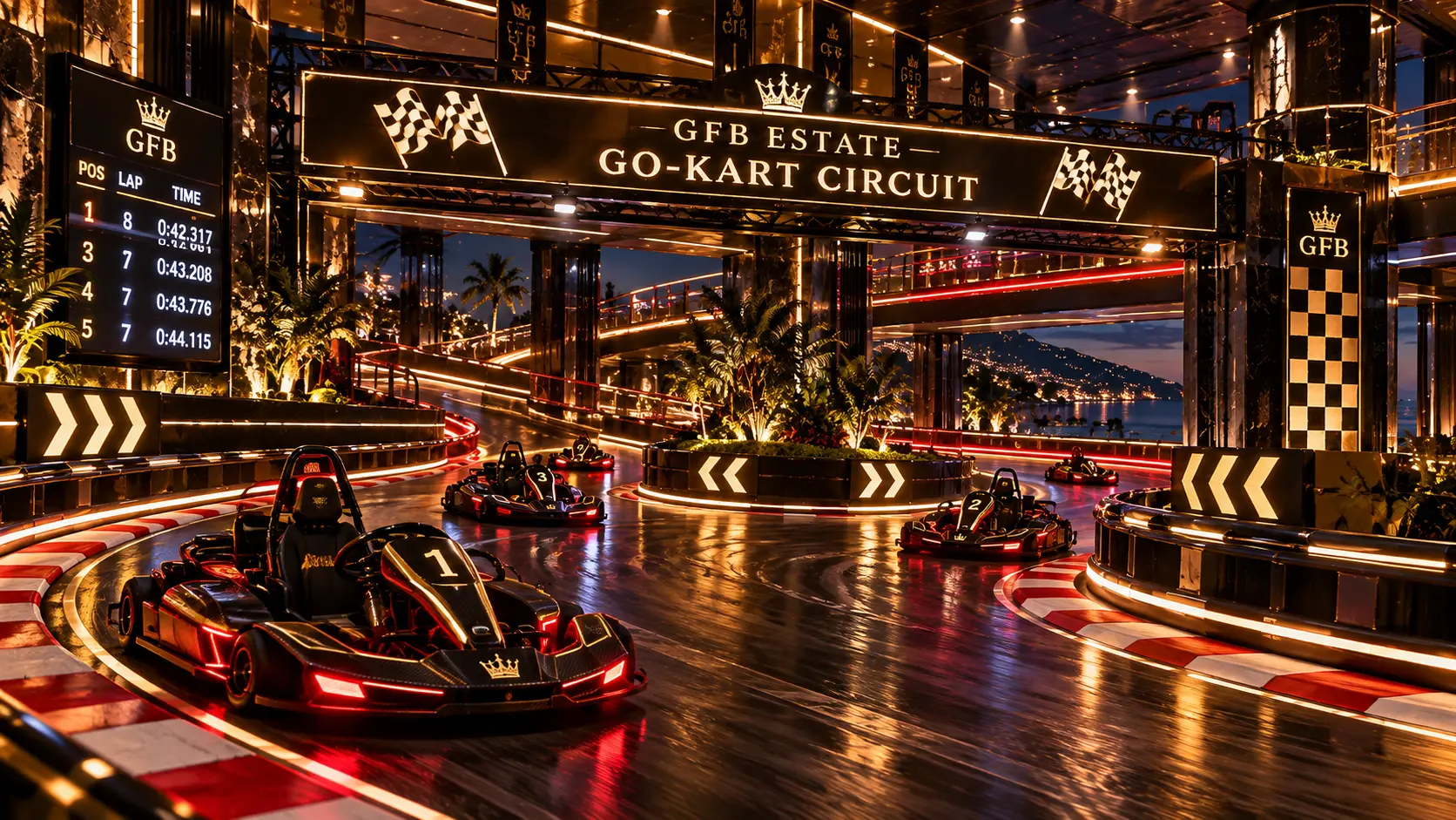 Karts racing through the circuit