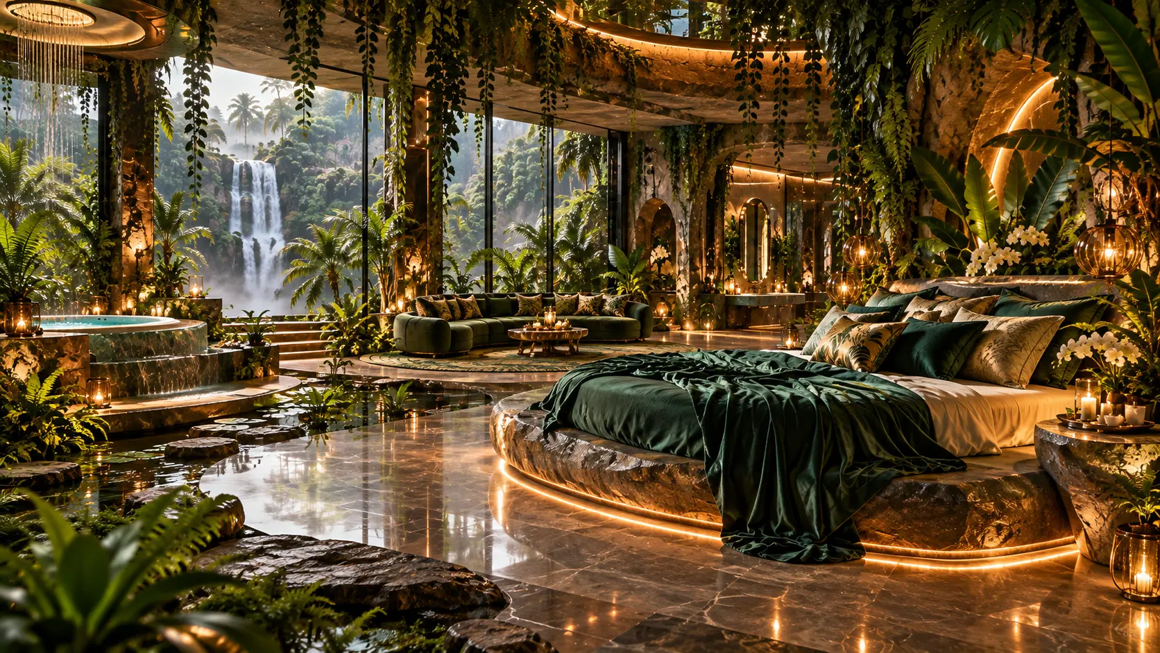 Bedroom and waterfall view