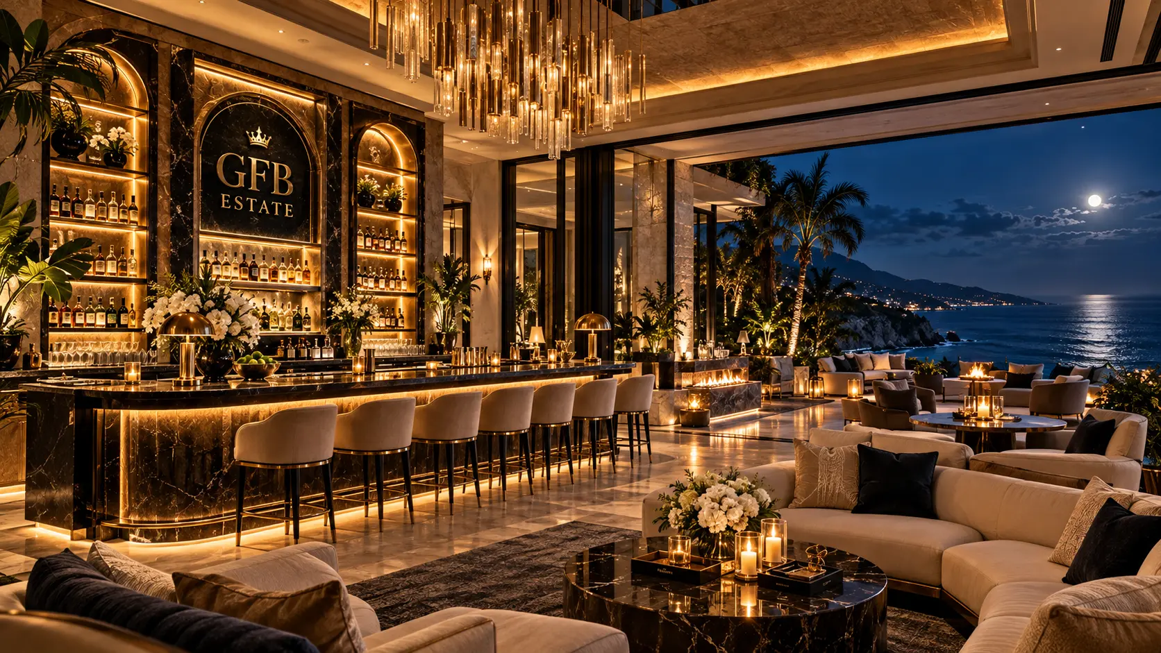 The grand bar beneath the chandeliers, open to the moonlit ocean