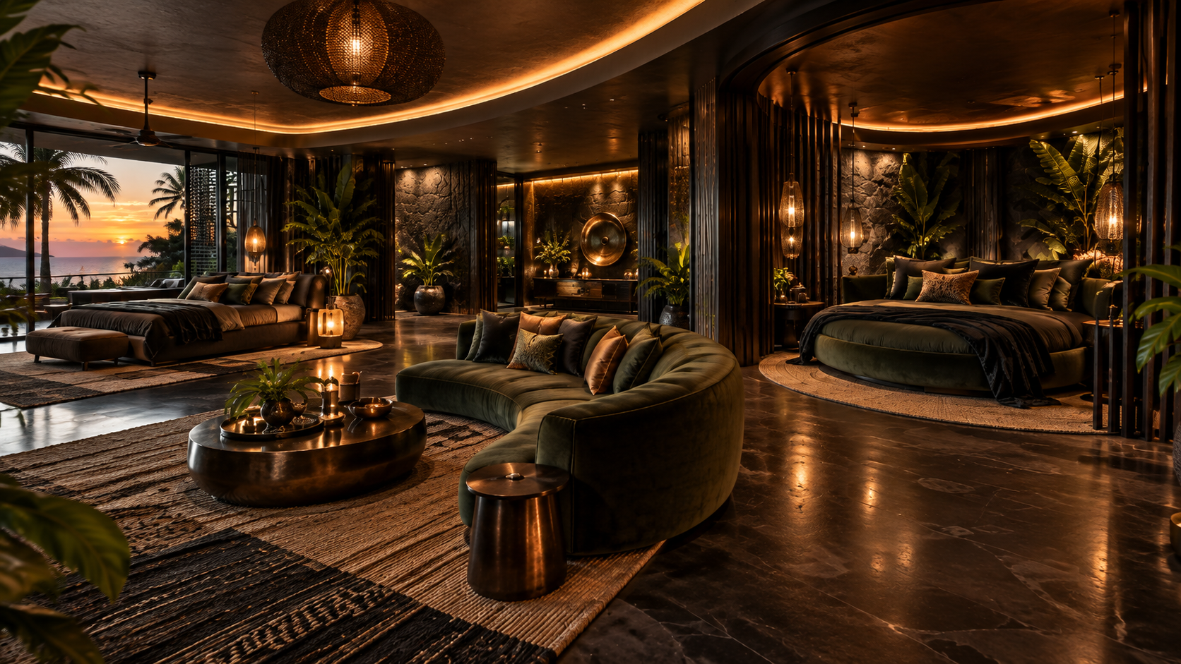 The Tropical Noir Room — Wide lounge view