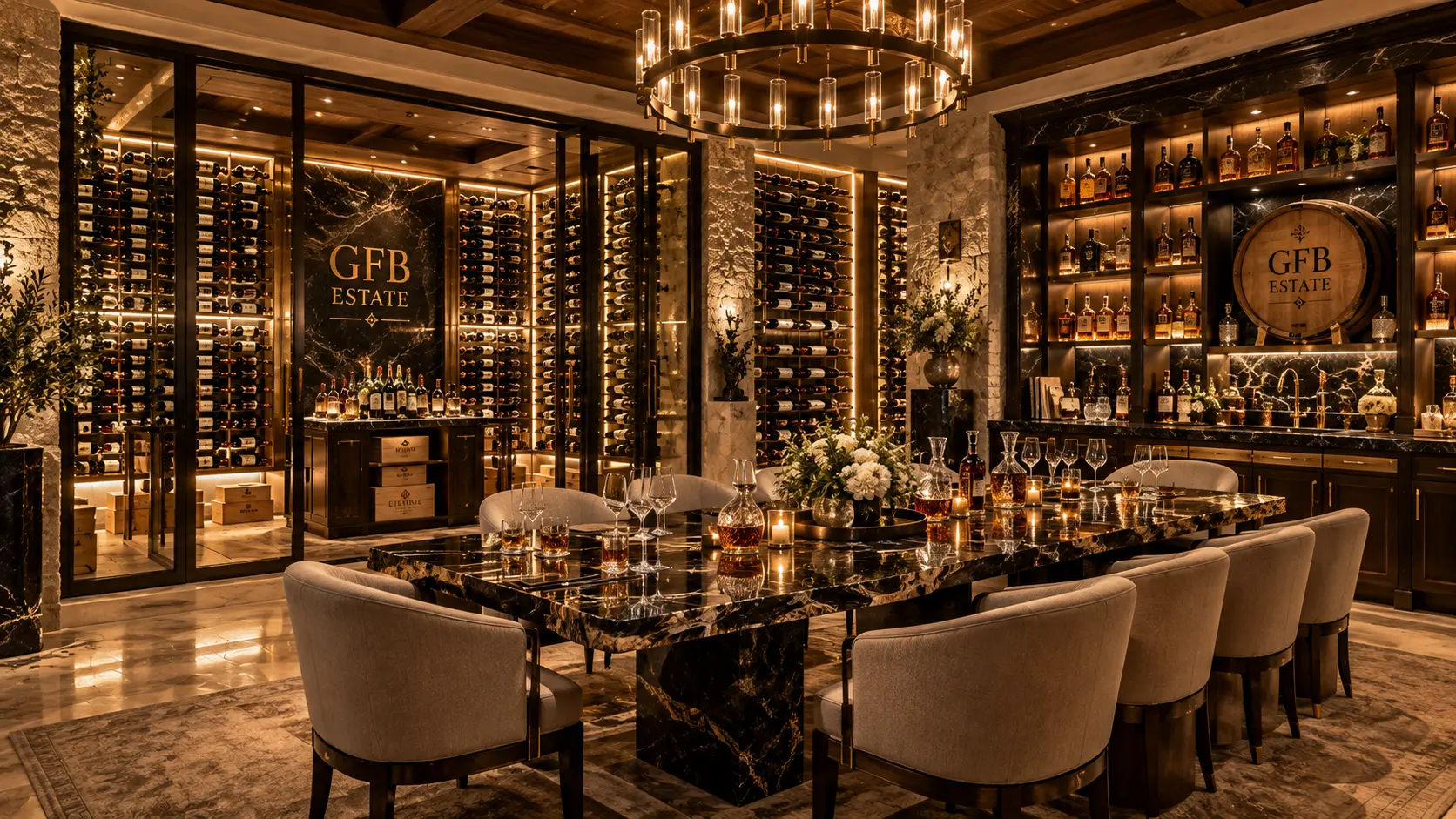 Tasting table between the wine vaults and bourbon wall