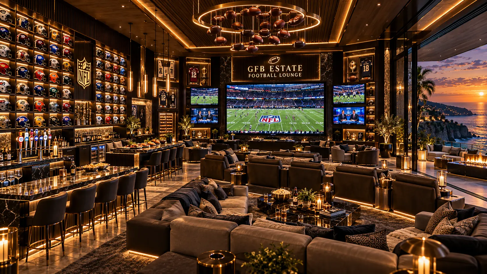 Football Lounge wide view with screen wall and sunset terrace