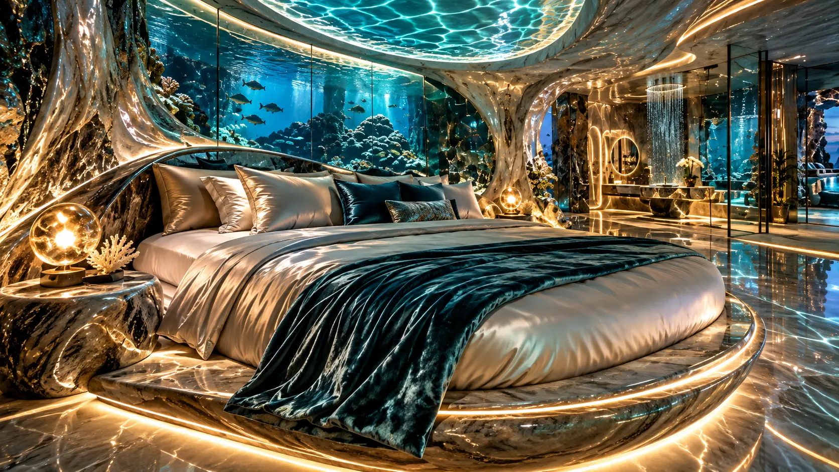 The bed and aquarium wall