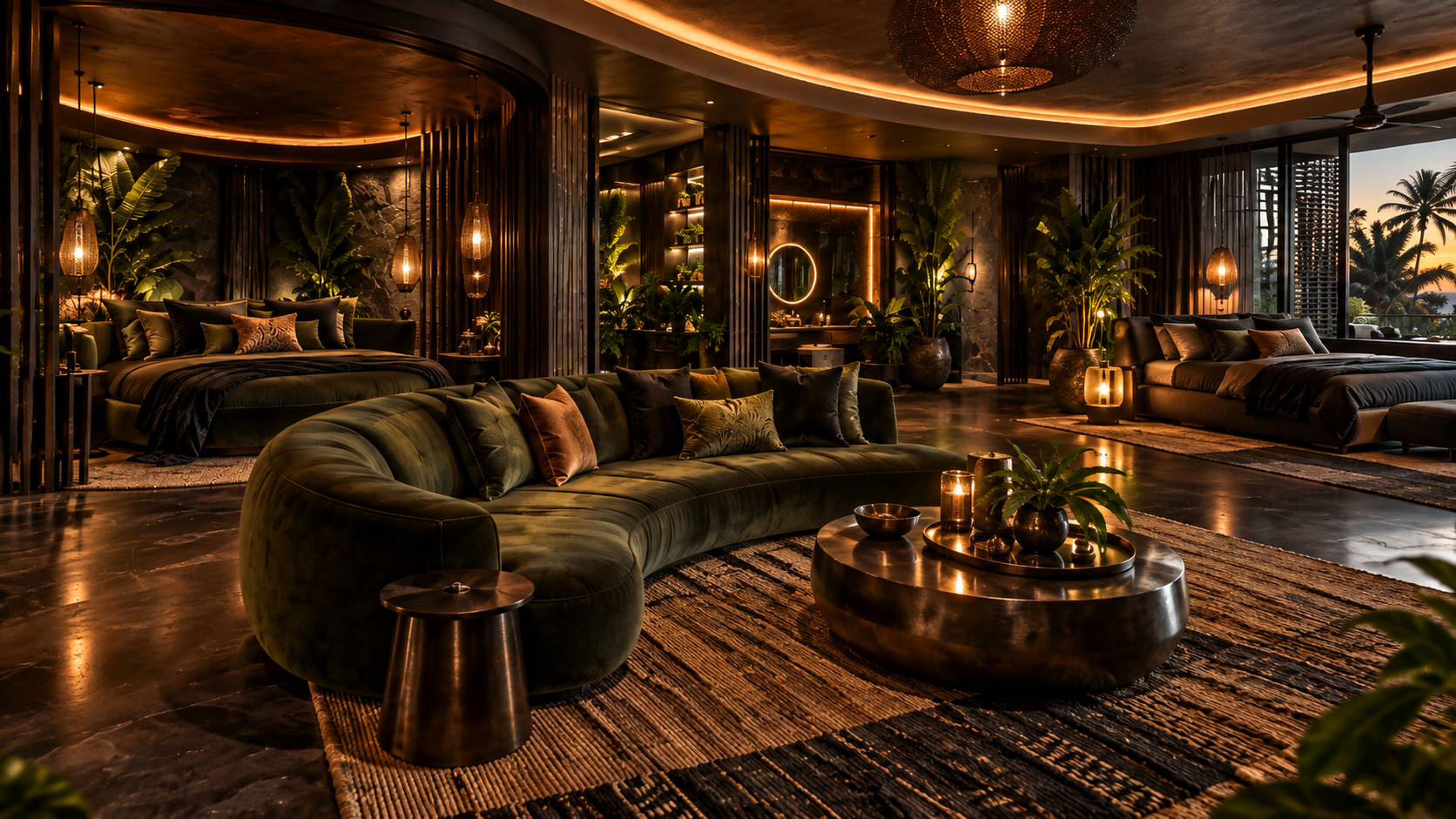 The Tropical Noir Room — Lounge & bedroom overview