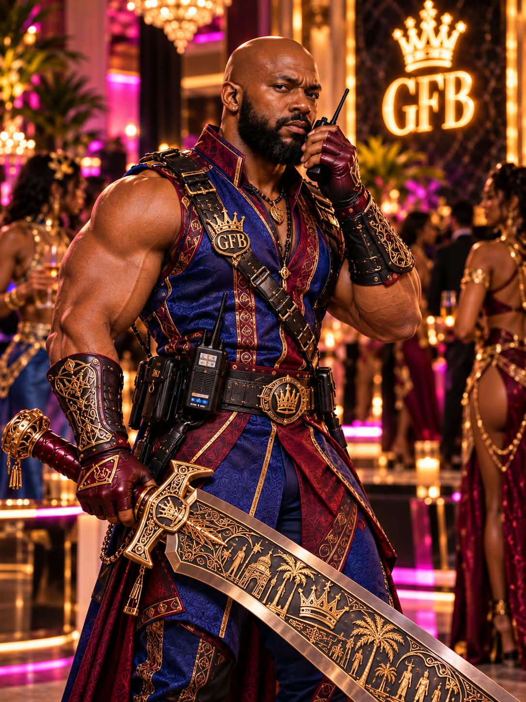 Sammie Kali, Estate Security, holding a radio and an ornate sword