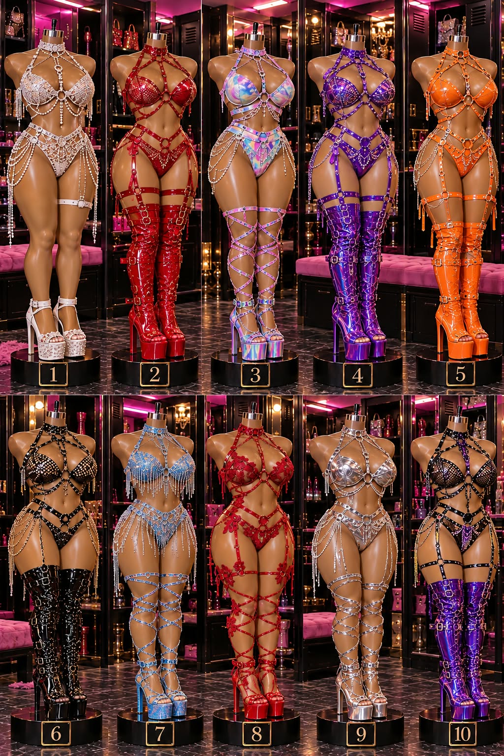 Ten numbered harness lingerie sets on mannequins