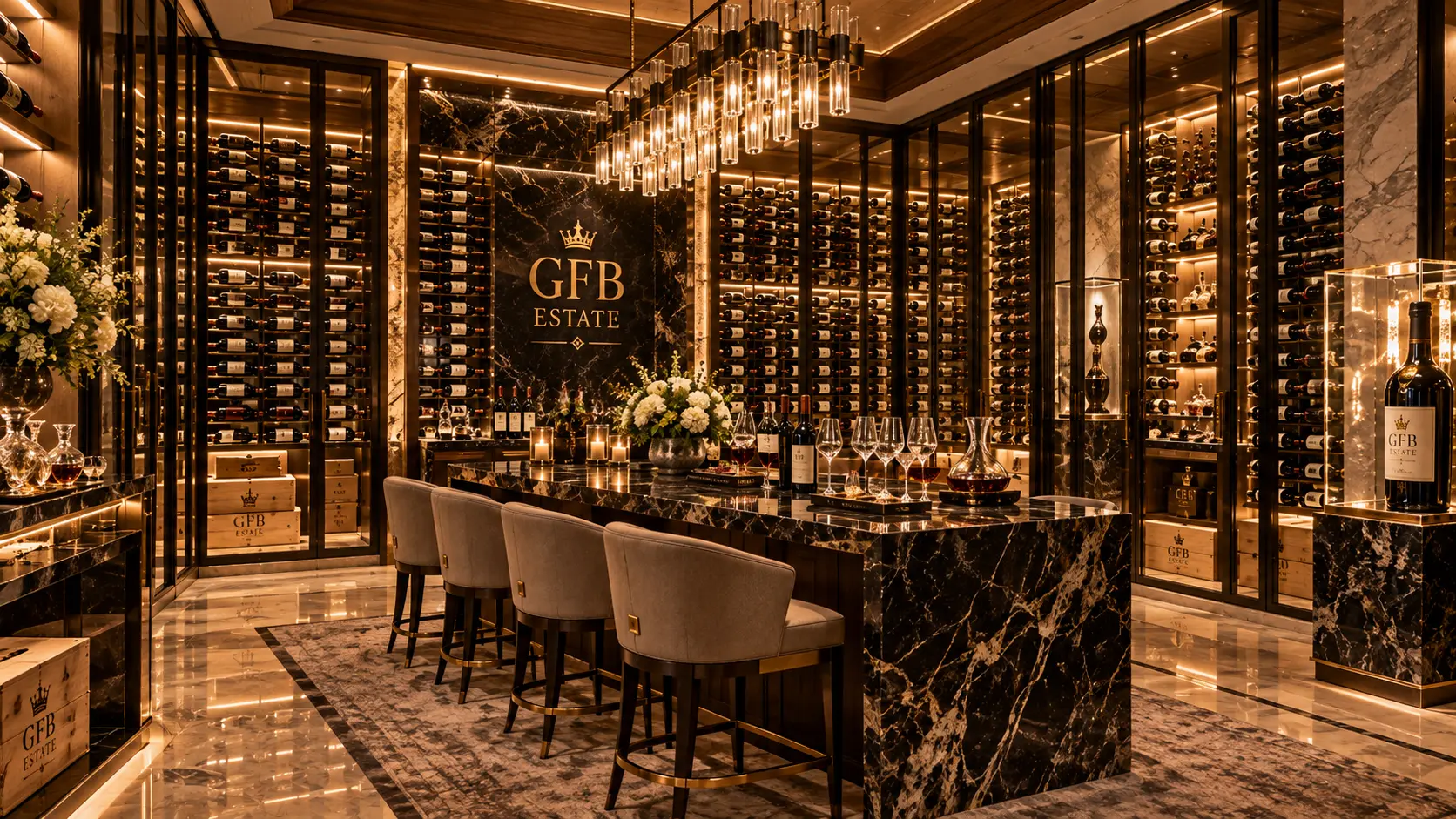 Wine cellar and marble tasting island