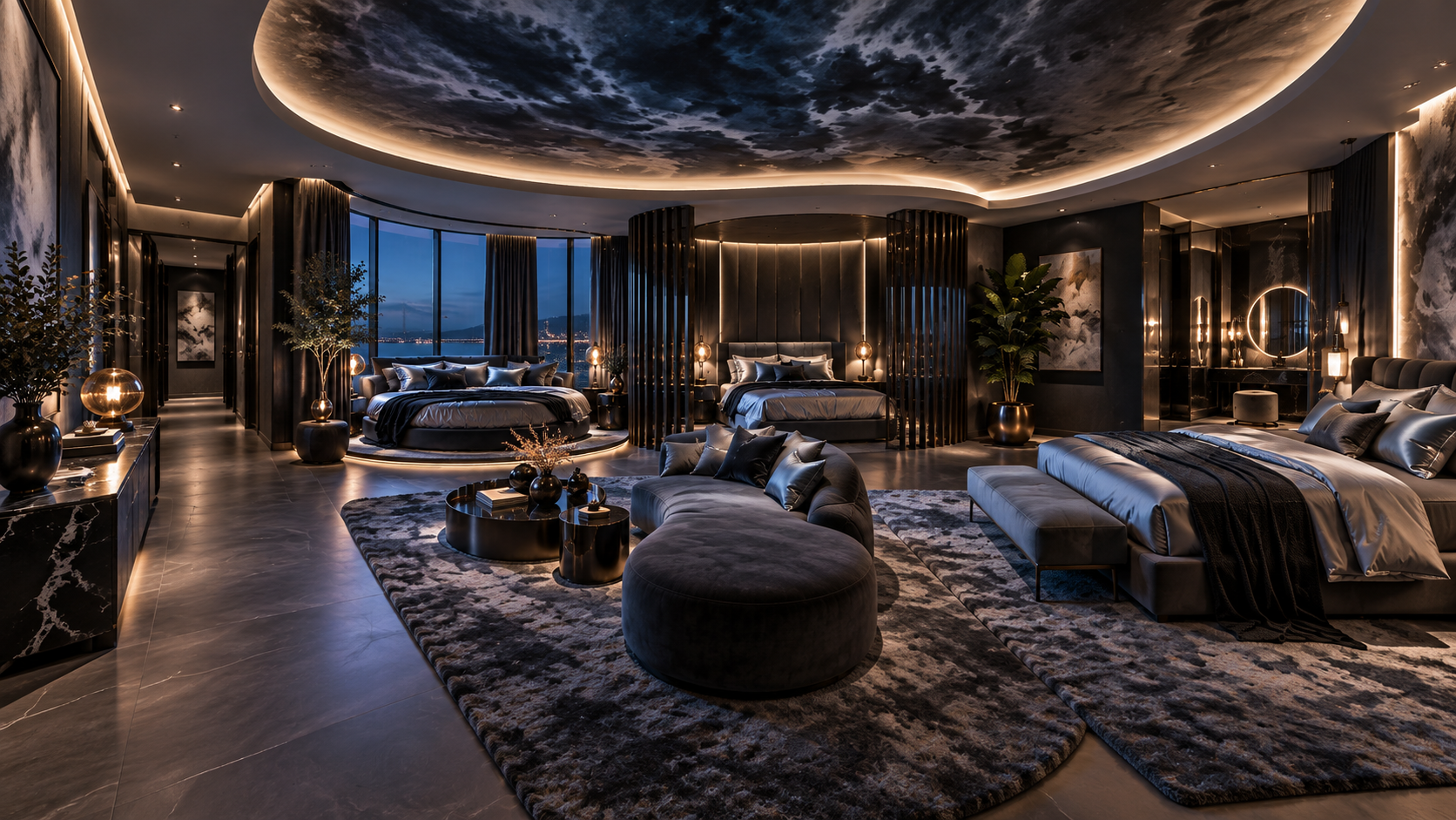 The Stormy Satin Room — Wide bedroom view