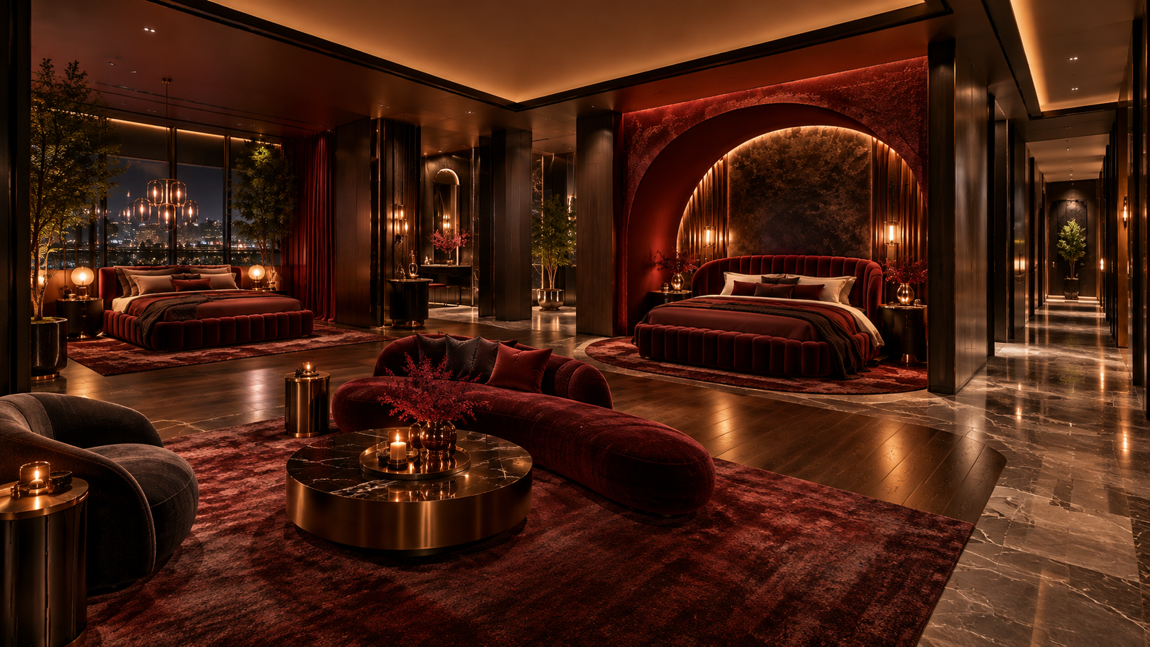 The Red Room — Wide bedroom & lounge view