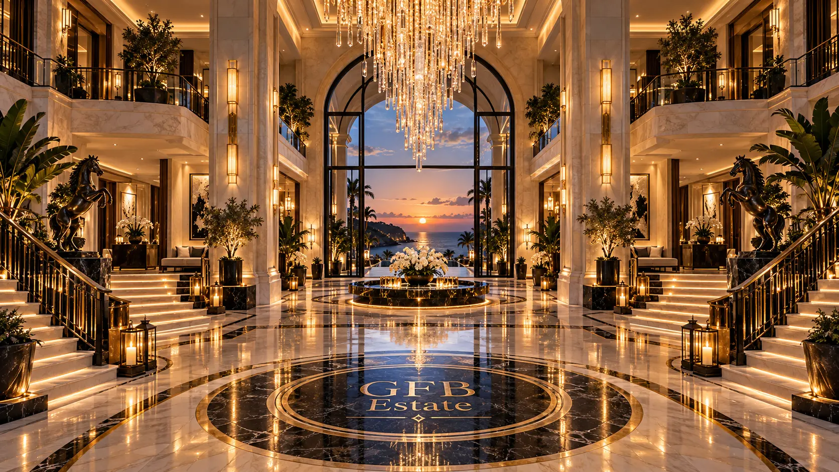 Twin staircases and crystal chandelier