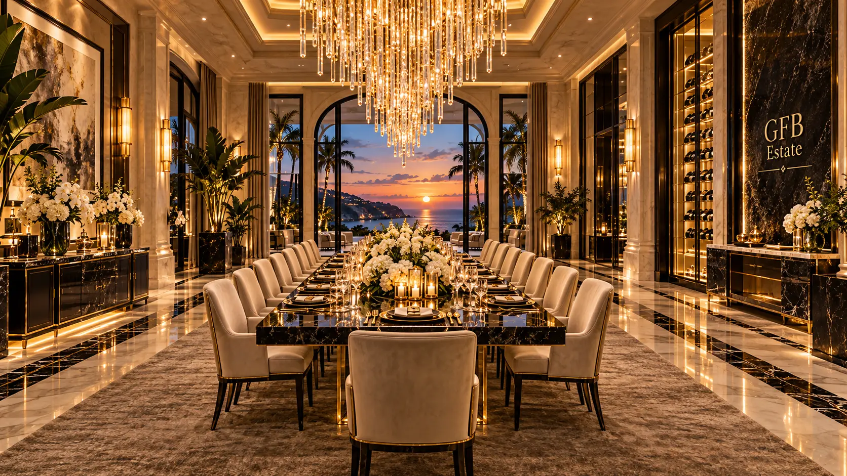 The long table beneath the crystal chandelier