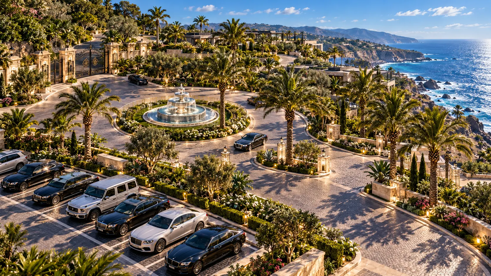 Arrival fountain and guest parking