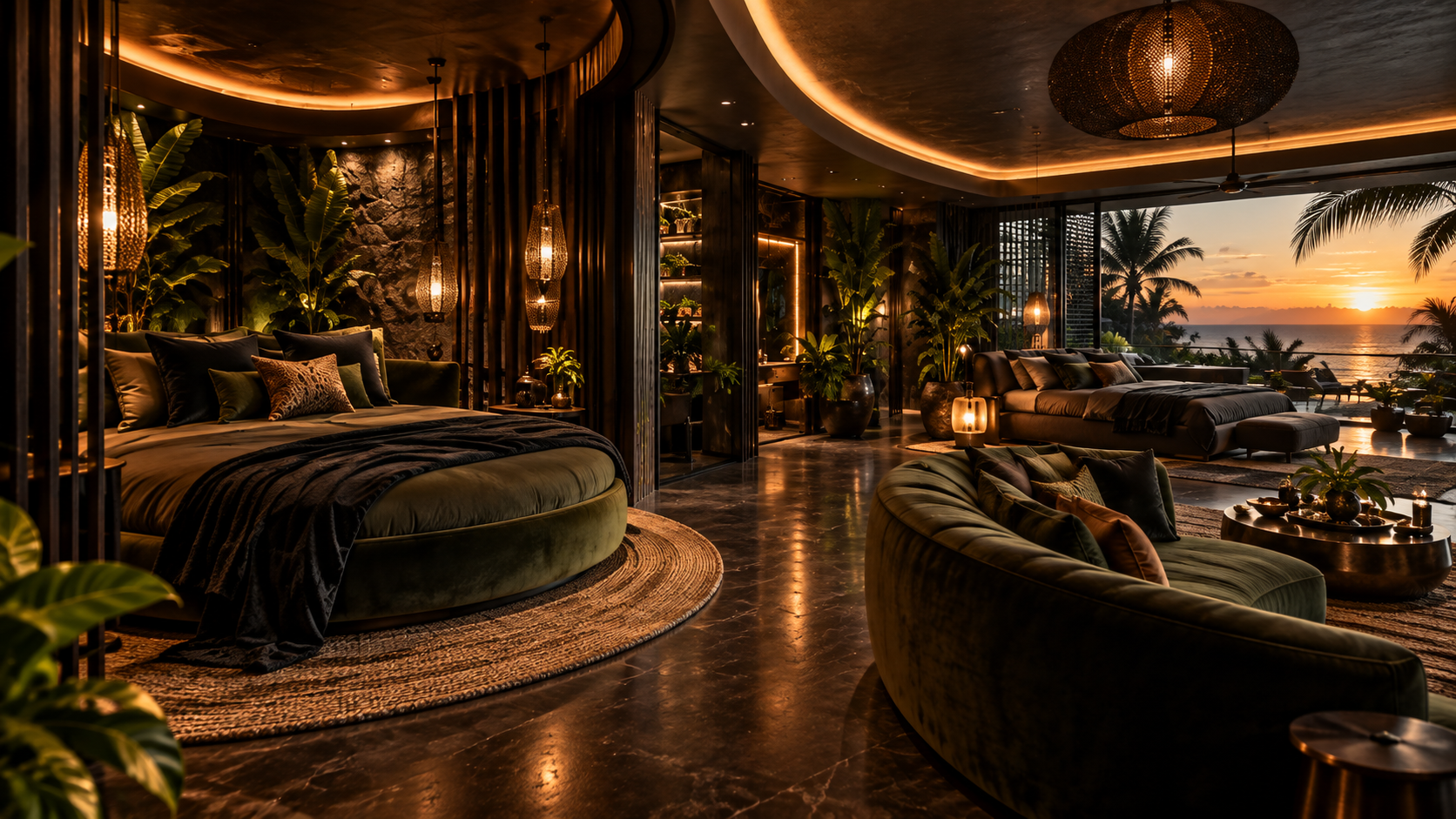 The Tropical Noir Room — Sunset terrace view