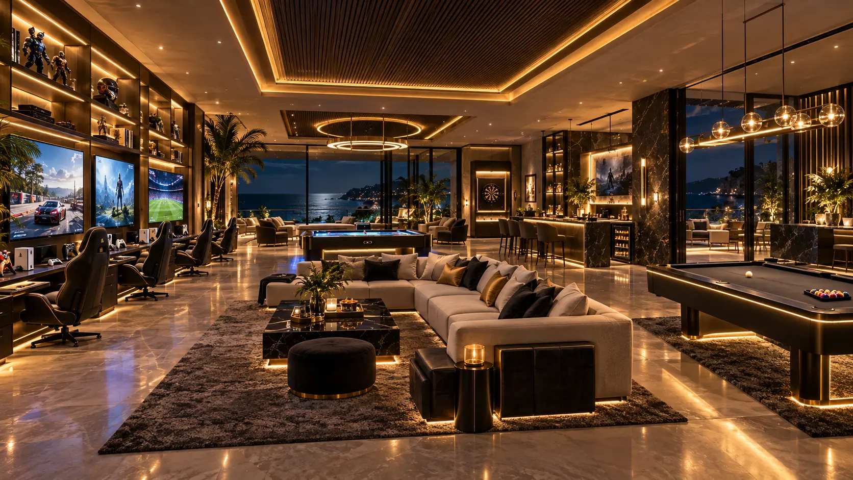 Gaming wall, billiards and ocean-view lounge