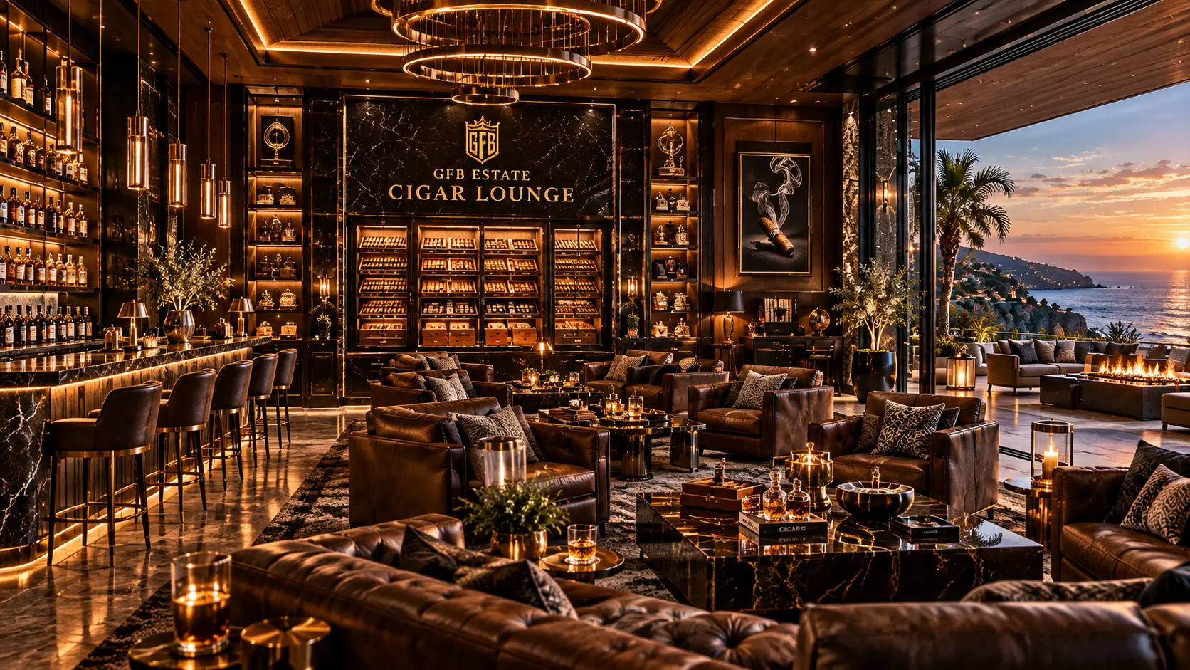 Cigar Lounge wide view with humidor and ocean terrace