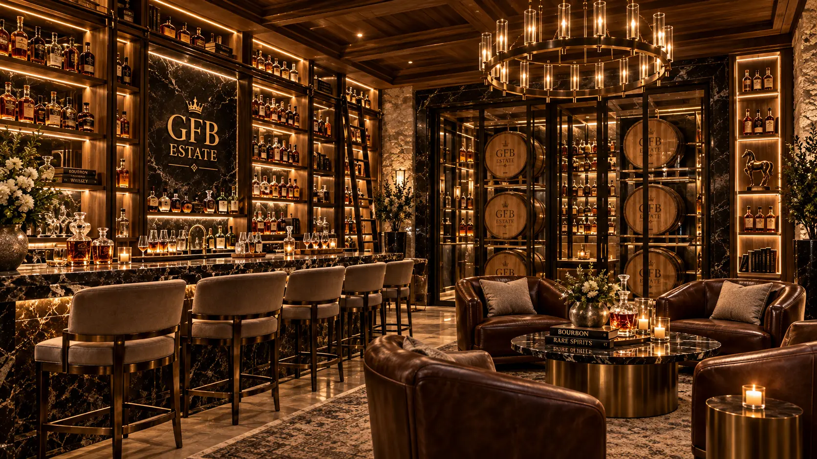Bourbon cellar bar, barrels and leather lounge
