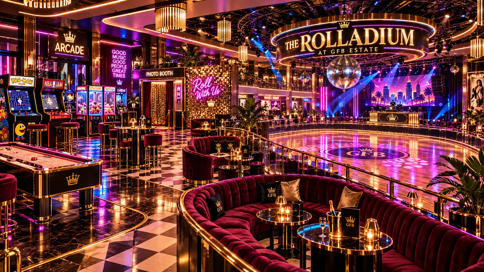 VIP lounge, arcade & photo booth