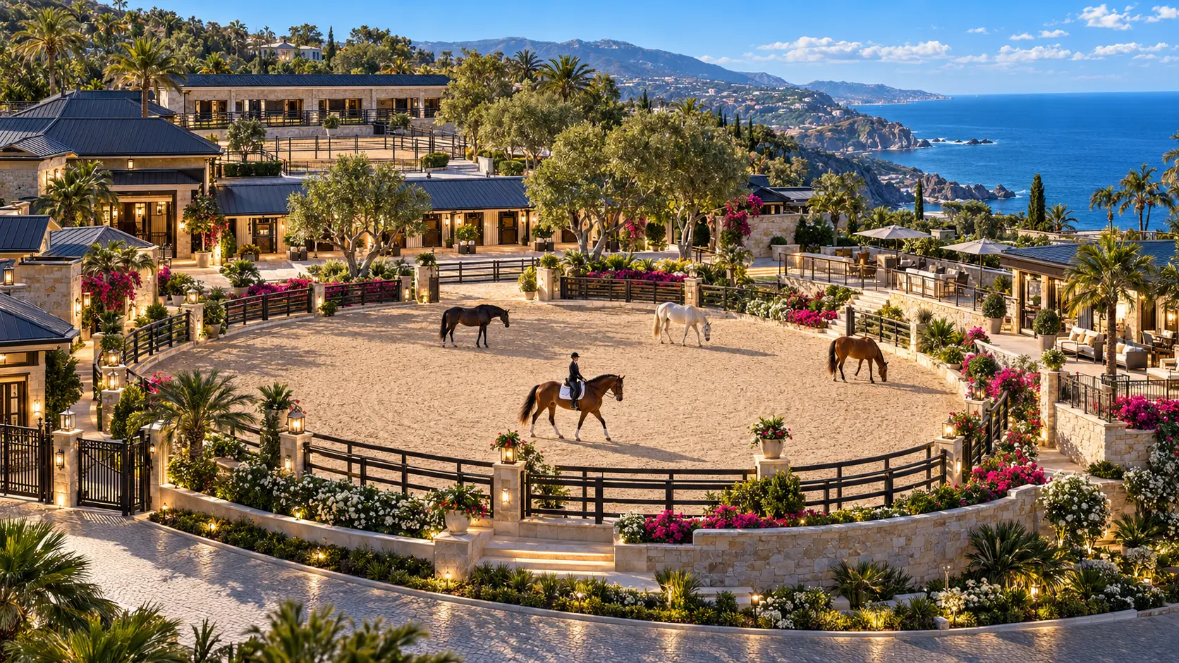 The riding arena and its horses