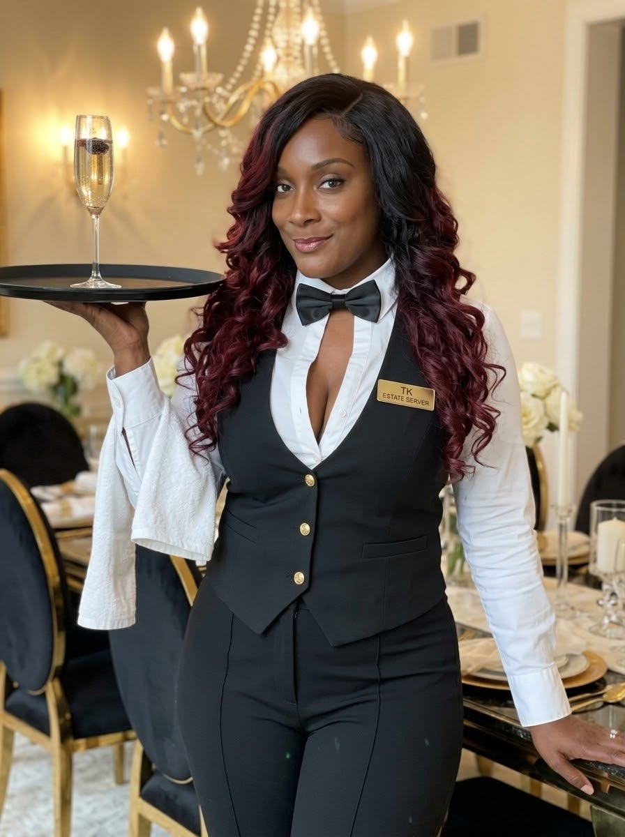 TK, Estate Server, holding a champagne tray in the dining room